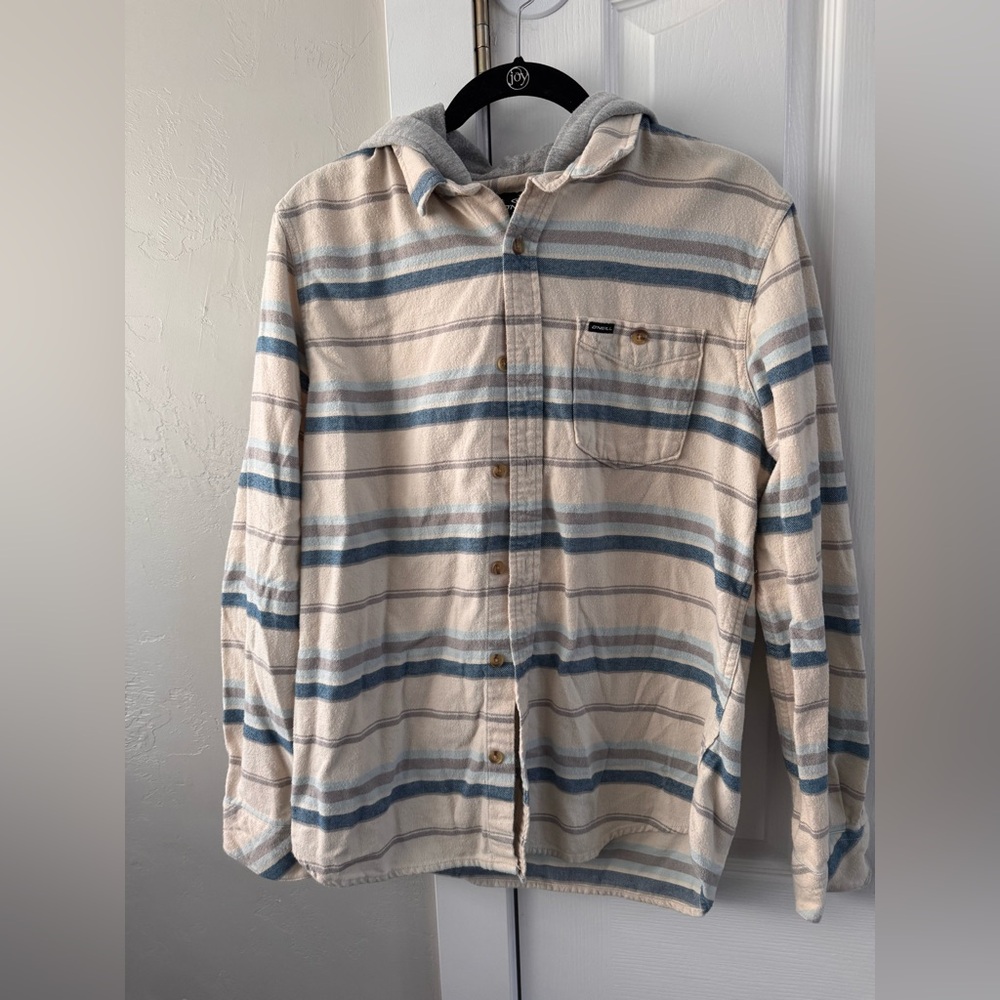 Casual Men's Hooded Striped Shirt in Cream and Blue